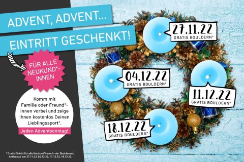 Gratis für alle Neukund*innen an jedem Adventssonntag in der Boulderwelt!